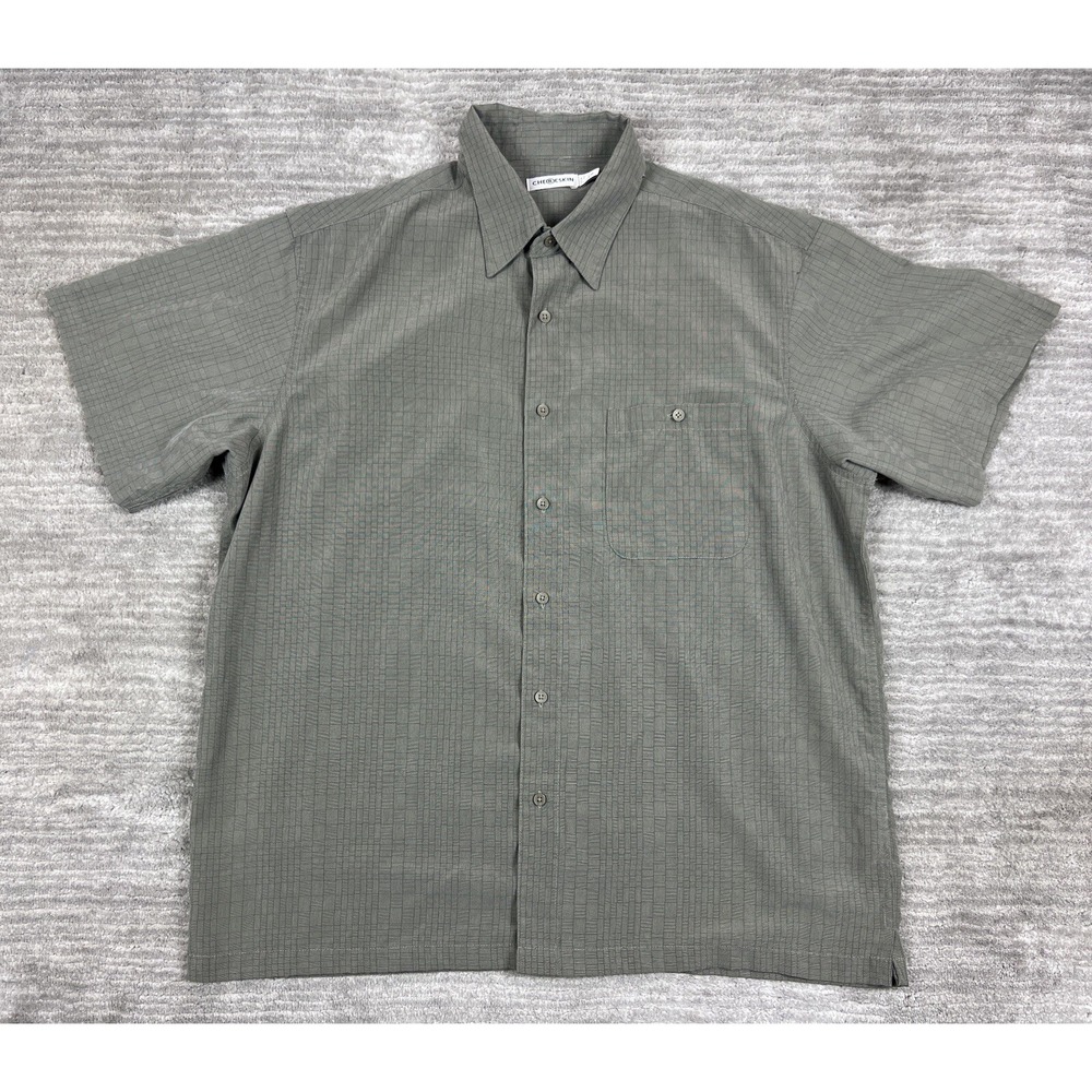 Chereskin Button Down Men XL Olive Green Textured Grid Short Sleeve Shirt Pocket